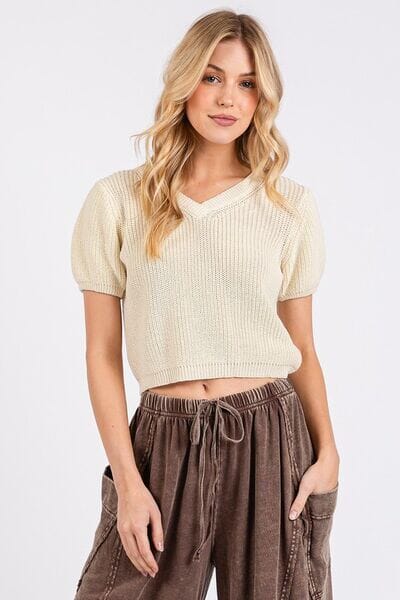 Mittoshop V-Neck Short Sleeve Crop Sweater - Sydney So Sweet
