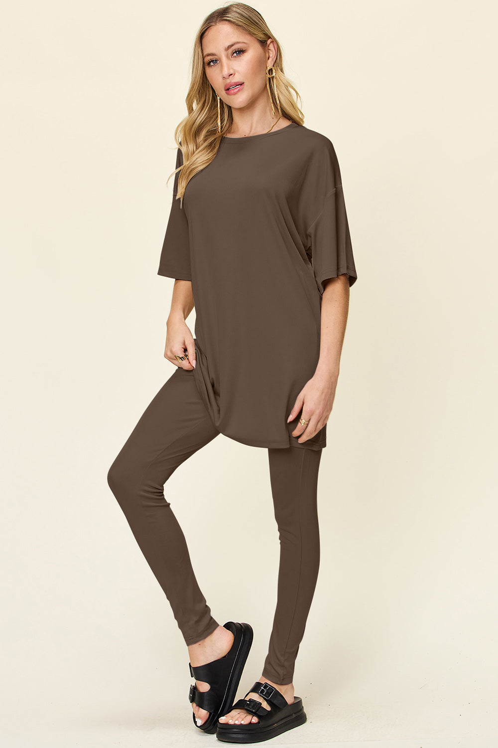 Double Take Full Size Round Neck Dropped Shoulder T-Shirt and Leggings Set - Sydney So Sweet