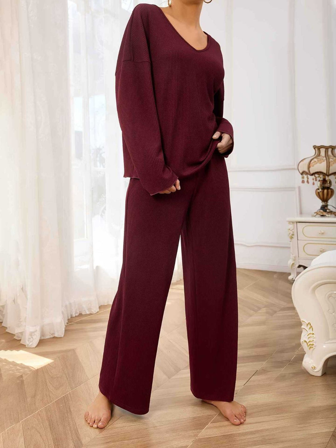 V-Neck Long Sleeve Top and Wide Leg Pants Set - Sydney So Sweet