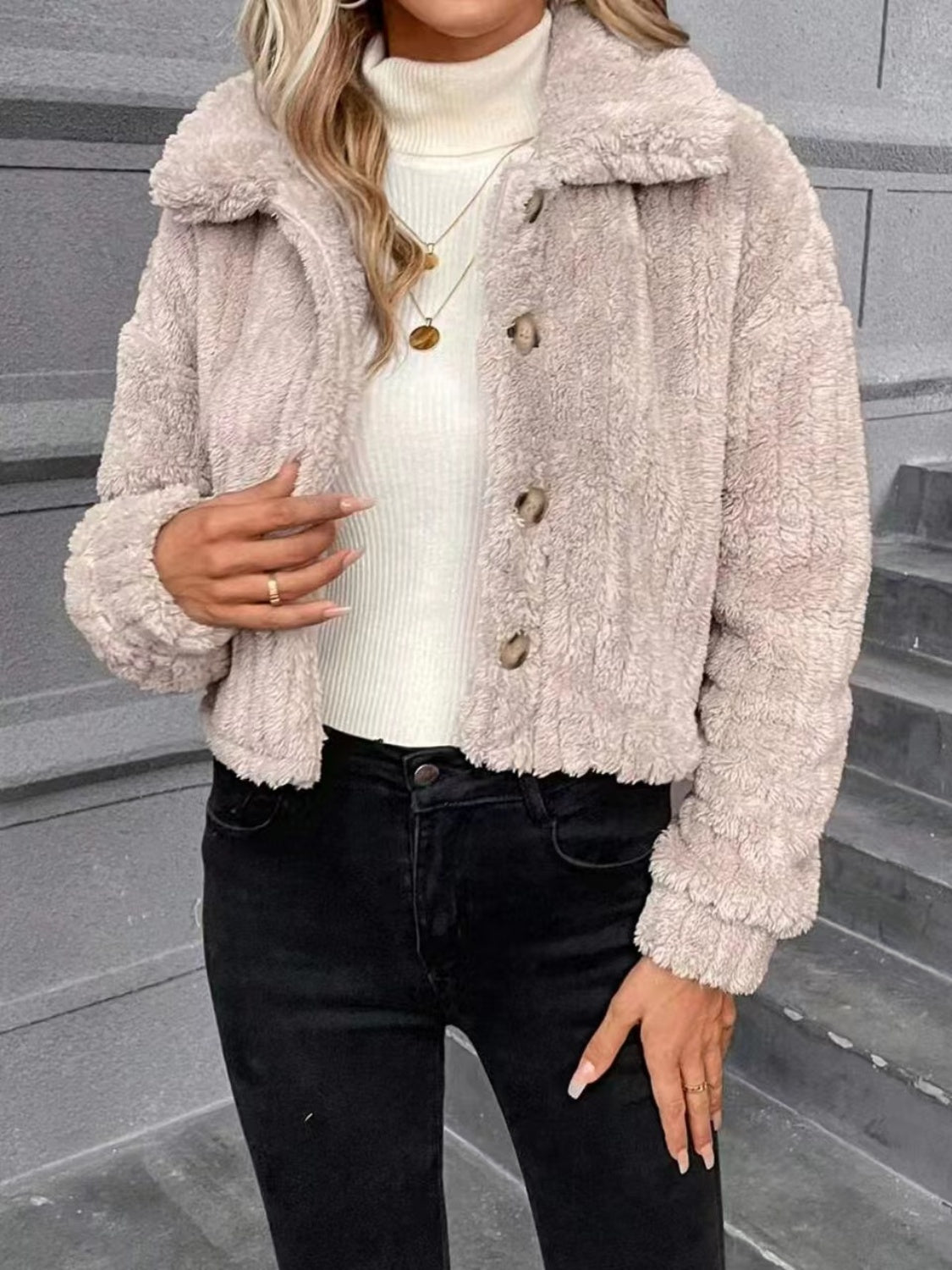 Button Up Long Sleeve Fuzzy Outerwear - Sydney So Sweet