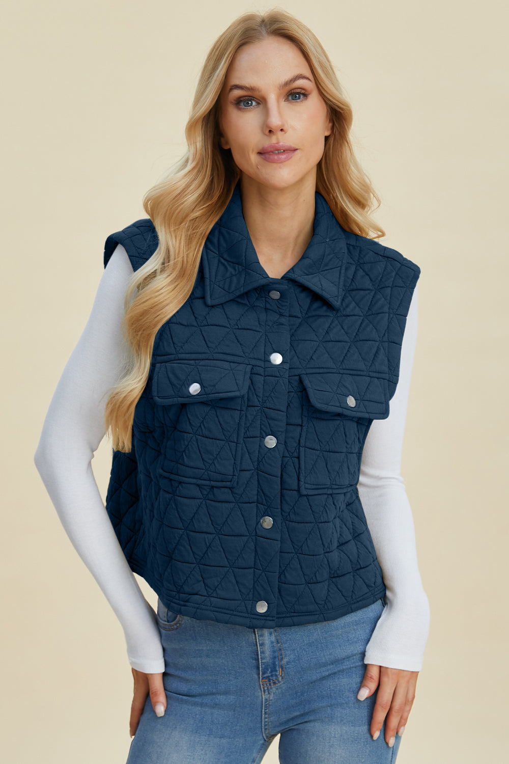 Double Take Full Size Pocketed Texture Snap Down Vest Coat - Sydney So Sweet