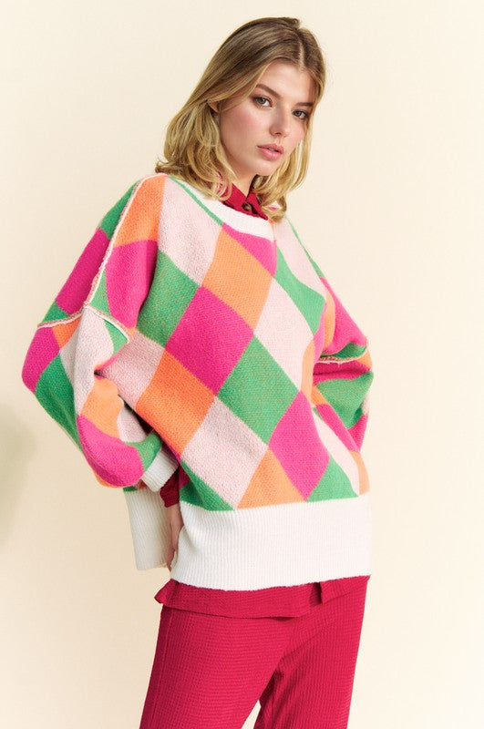 Davi & Dani Exposed Seam Color Block Dropped Shoulder Sweater - Sydney So Sweet