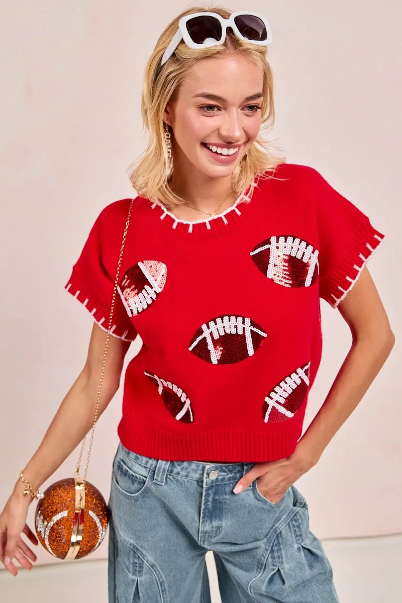 BiBi Gameday Sequin Football Embroidered Stitch Sweater - Sydney So Sweet