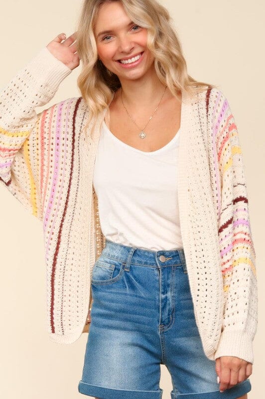Haptics Full Size Striped Crochet Open Front Cardigan - Sydney So Sweet