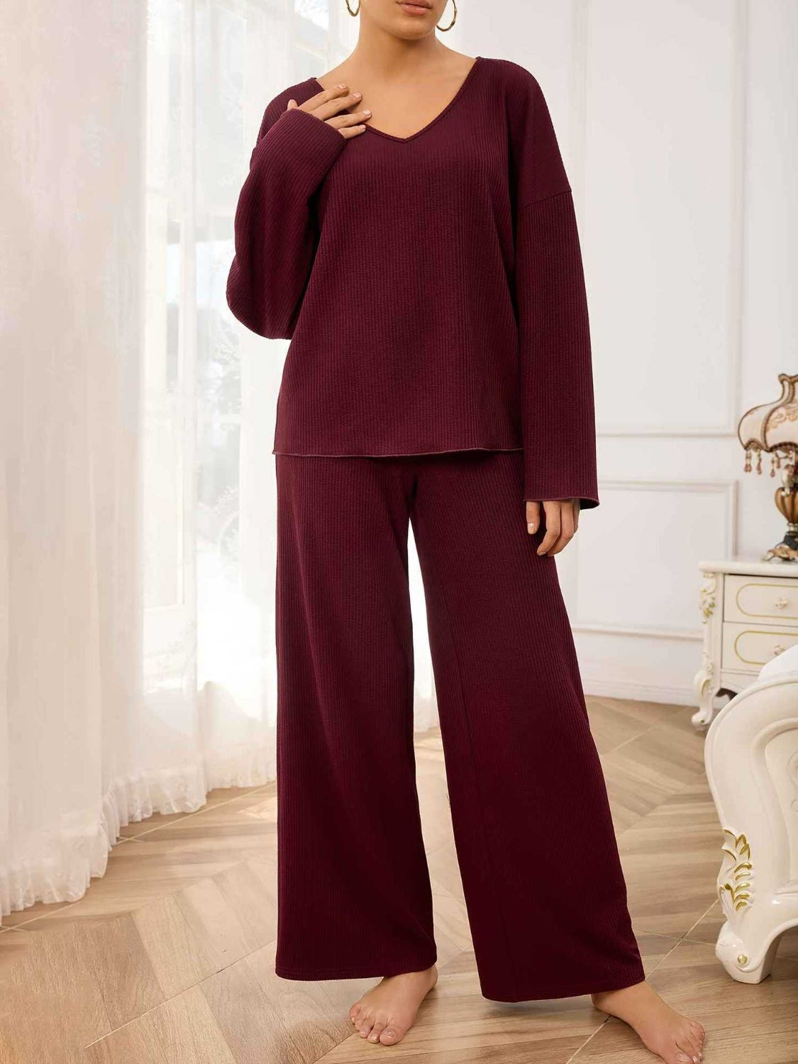 V-Neck Long Sleeve Top and Wide Leg Pants Set - Sydney So Sweet