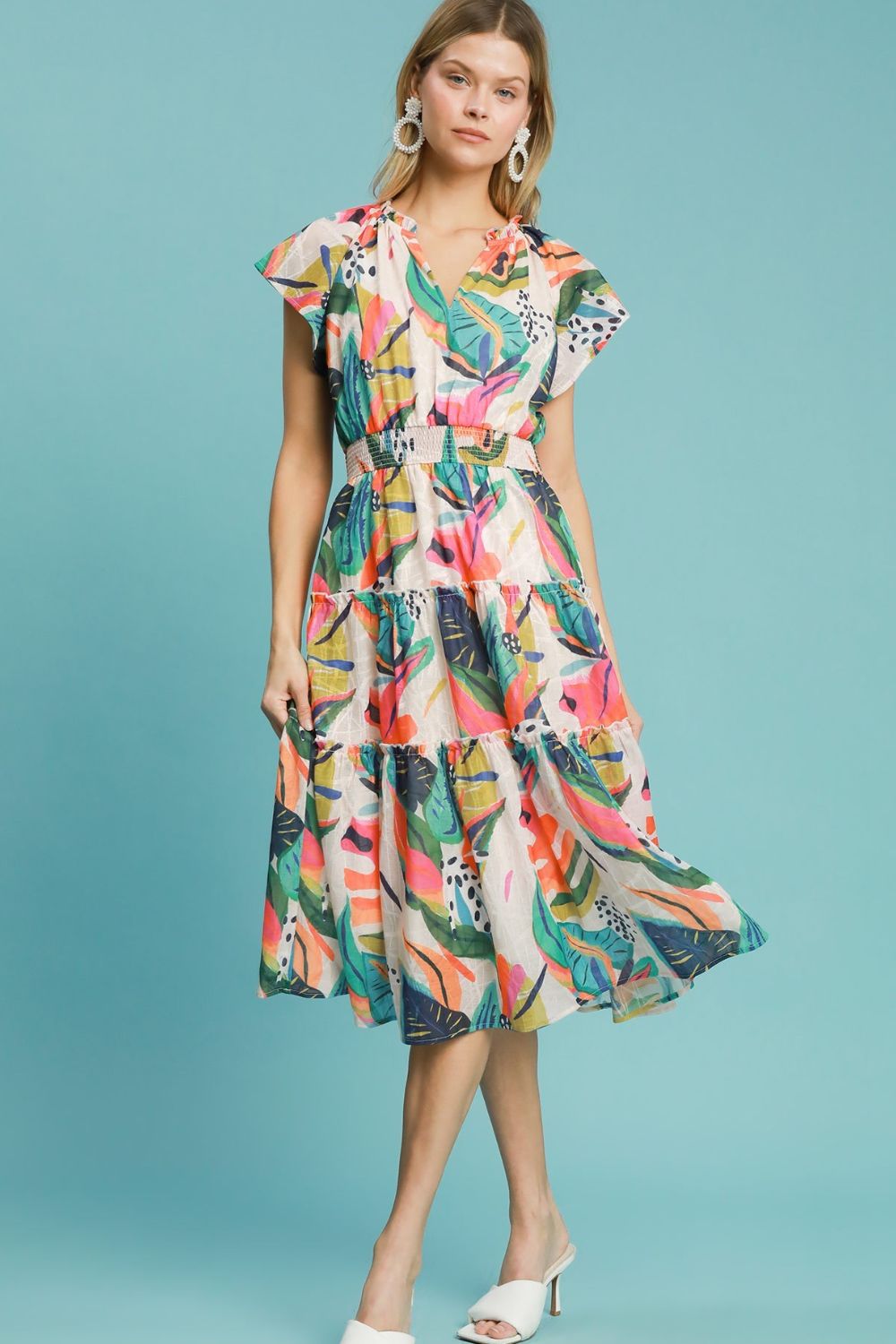 Umgee Full Size Leaf Print Cap Sleeve Tiered Midi Dress Plus Size - Sydney So Sweet