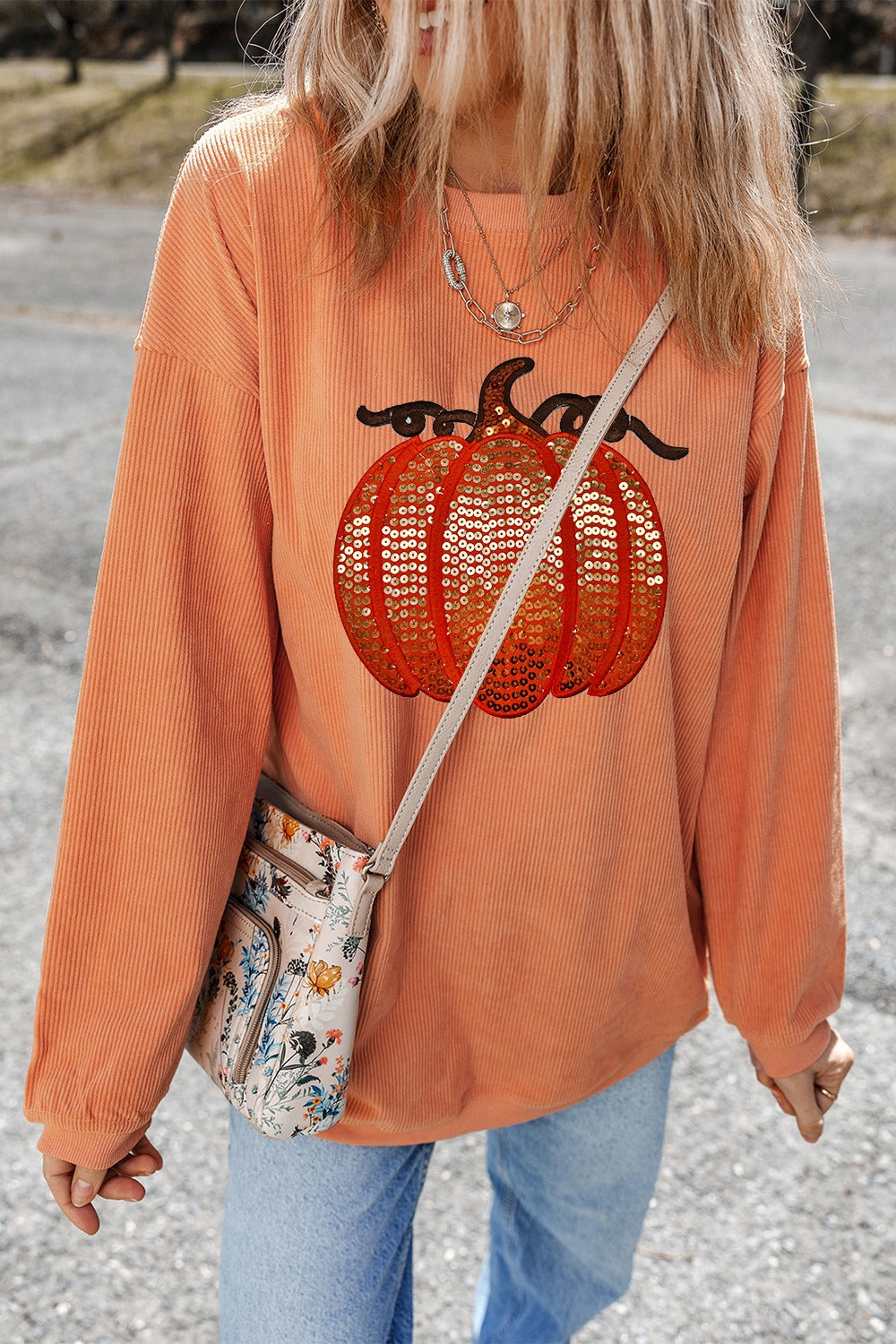 Sequin Pumpkin Round Neck Long Sleeve Sweatshirt - Sydney So Sweet