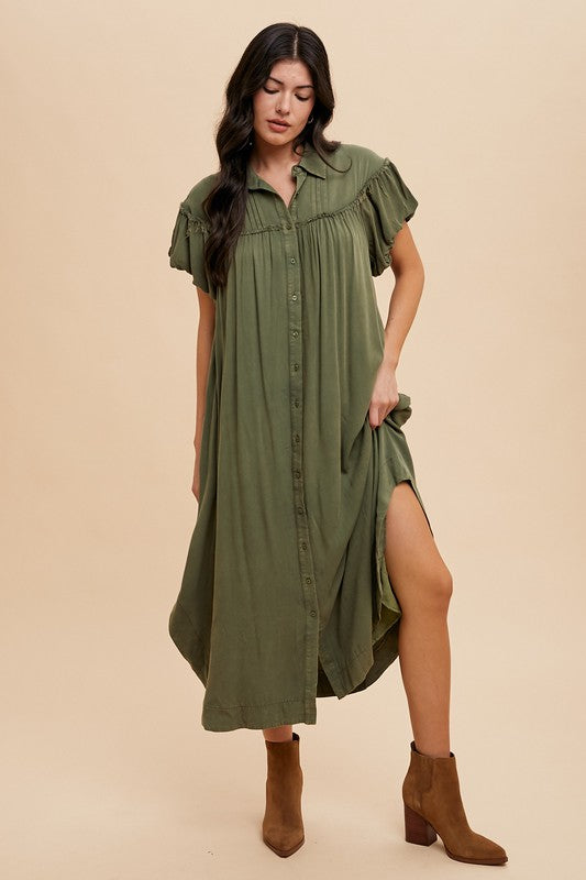 Annie Wear Mineral Washed Button Down Puff Sleeve Shirt Dress - Sydney So Sweet