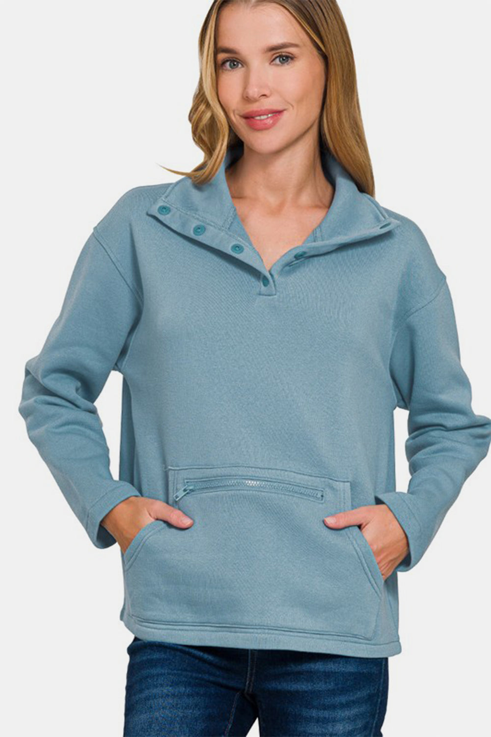 Zenana Turtleneck Half Snap Fleece Sweatshirt - Sydney So Sweet