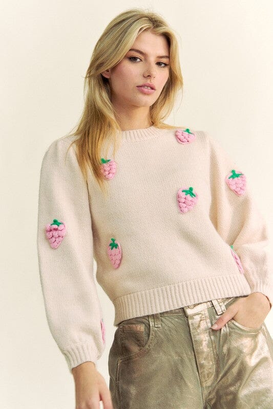 Davi & Dani Crochet Strawberry Round Neck Sweater - Sydney So Sweet