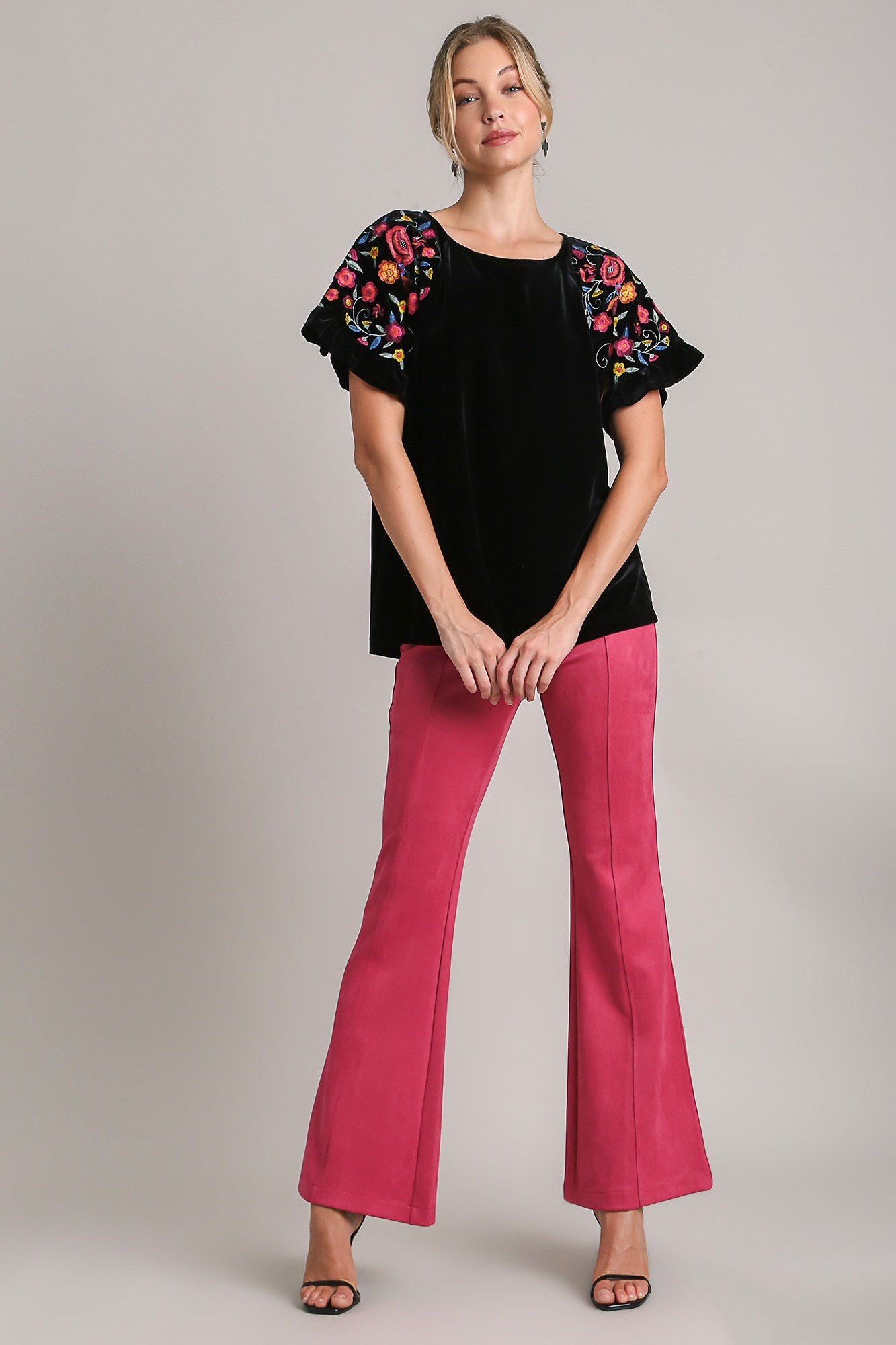 Umgee Full Size Velvet Embroidery Short Sleeve Blouse - Sydney So Sweet