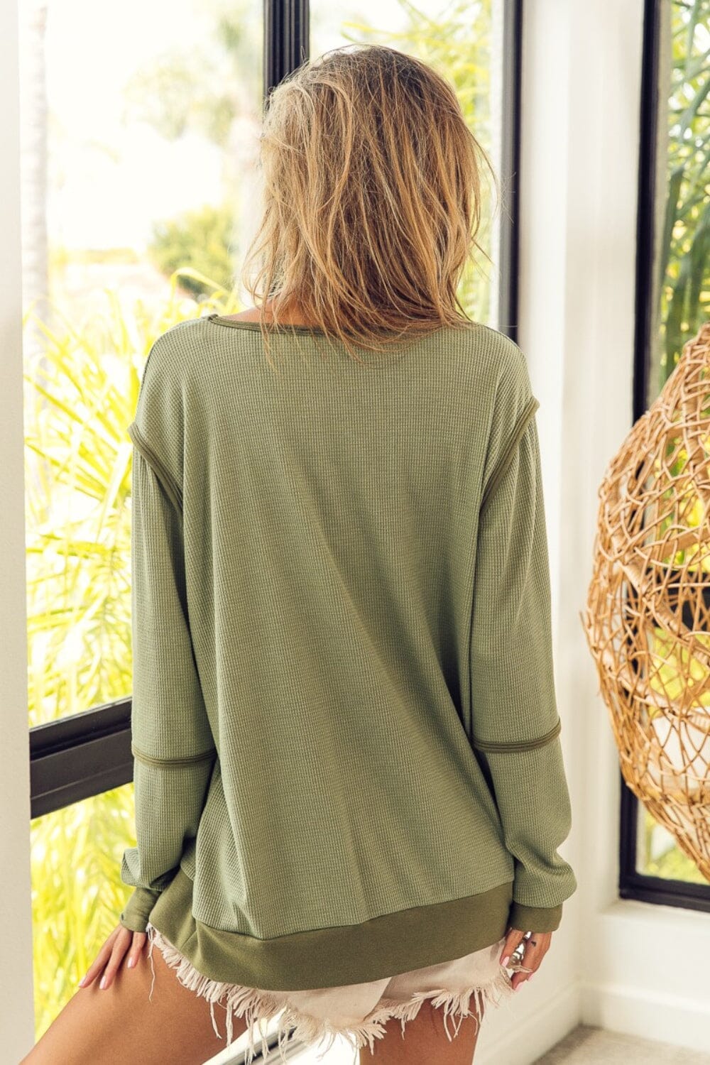 BiBi Waffle Knit Contrast Trim Long Sleeve T-Shirt - Sydney So Sweet