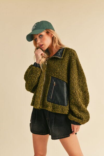 Aemi + Co Collared Neck Zip Up Sherpa Jacket - Sydney So Sweet