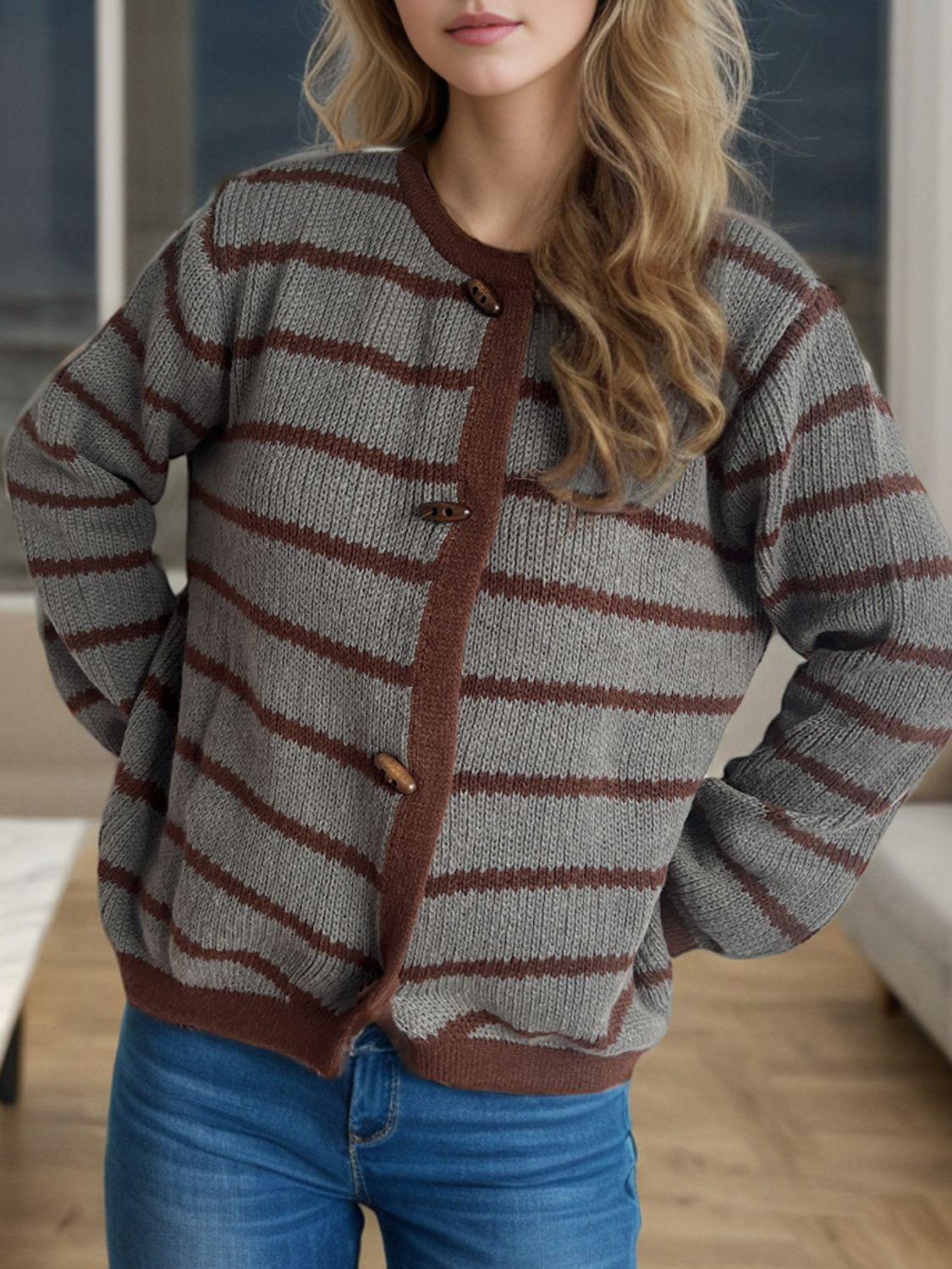 Striped Round Neck Long Sleeve Cardigan - Sydney So Sweet