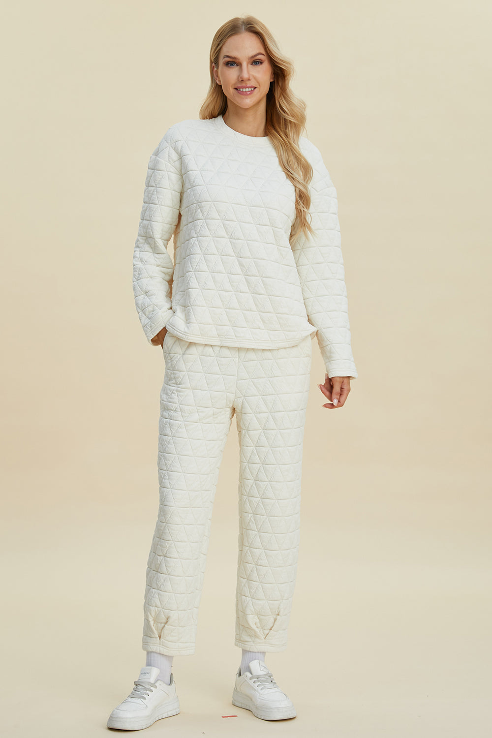 Double Take Full Size Texture Round Neck Long Sleeve Top and Pants Set - Sydney So Sweet