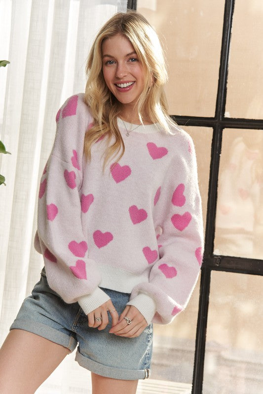 ADORA Heart Round Neck Drop Shoulder Sweater - Sydney So Sweet