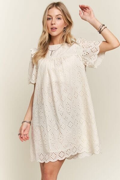 ADORA Ruffled Eyelet Round Neck Dress - Sydney So Sweet