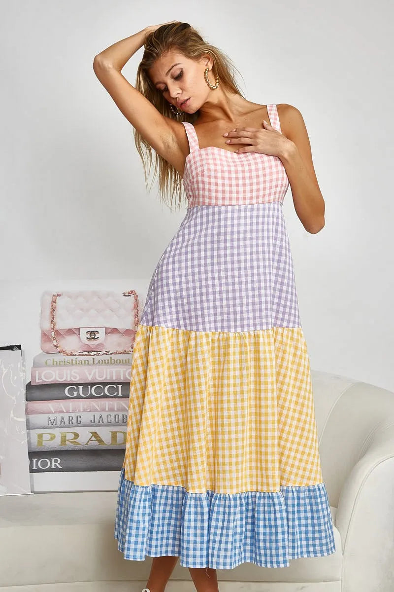 BiBi Color Block Tiered Gingham Dress - Sydney So Sweet