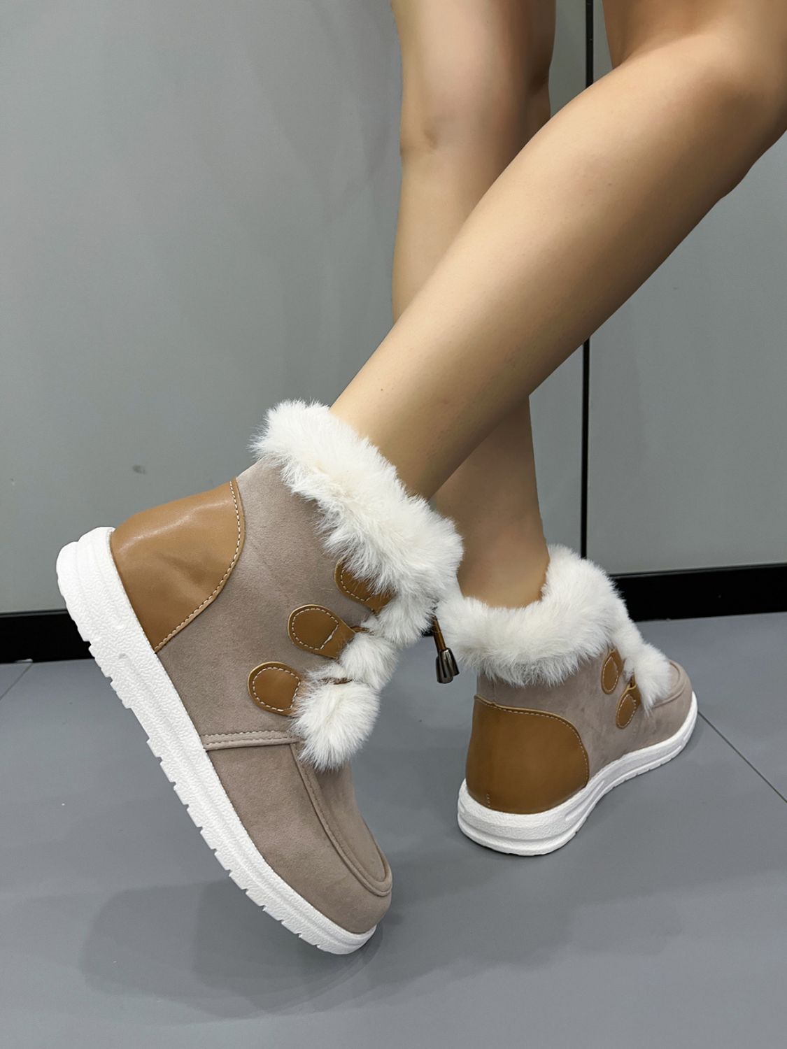 Plush Detail Suede Round Toe Boots - Sydney So Sweet