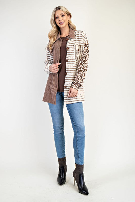 Celeste Full Size Leopard Contrast Button Up Shacket - Sydney So Sweet