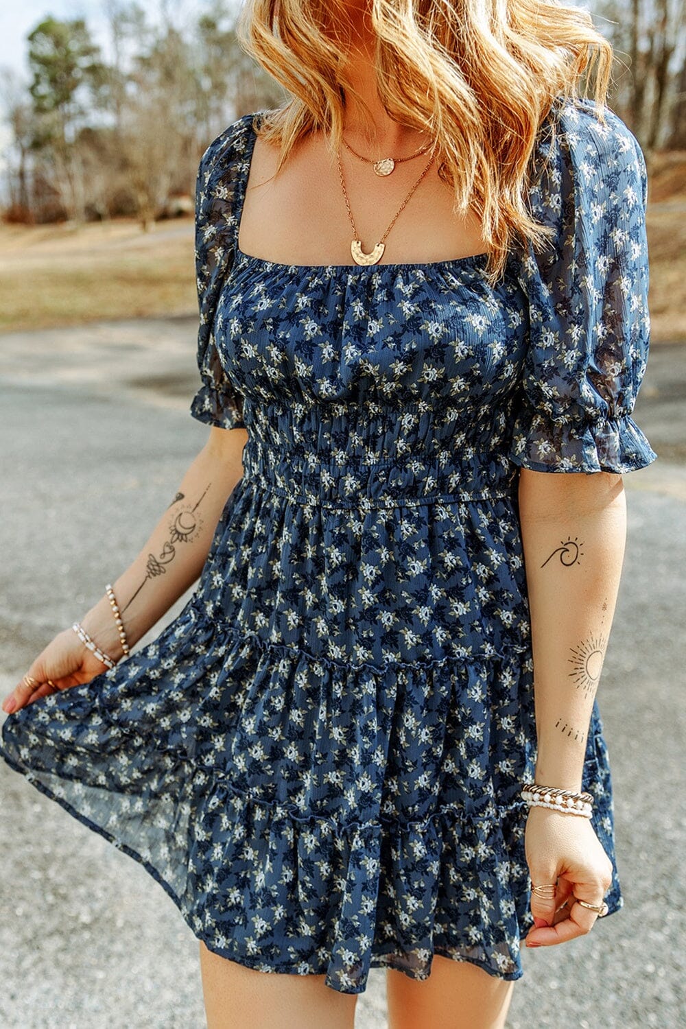 Printed Square Neck Short Sleeve Dress - Sydney So Sweet