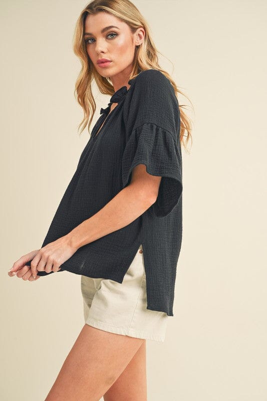 Aemi + Co Side Slit Notched Ruffled Half Sleeve Blouse - Sydney So Sweet