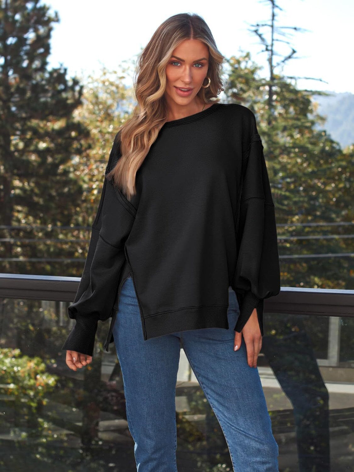 Slit Round Neck Long Sleeve Sweatshirt - Sydney So Sweet