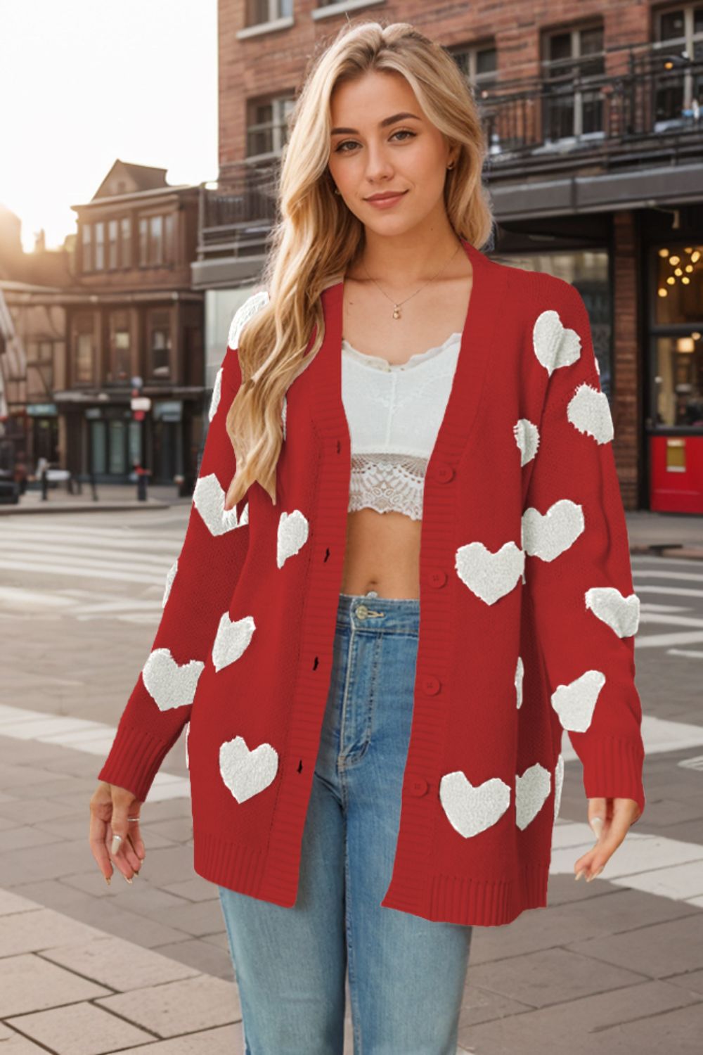 Heart Button Down Long Sleeve Cardigan - Sydney So Sweet