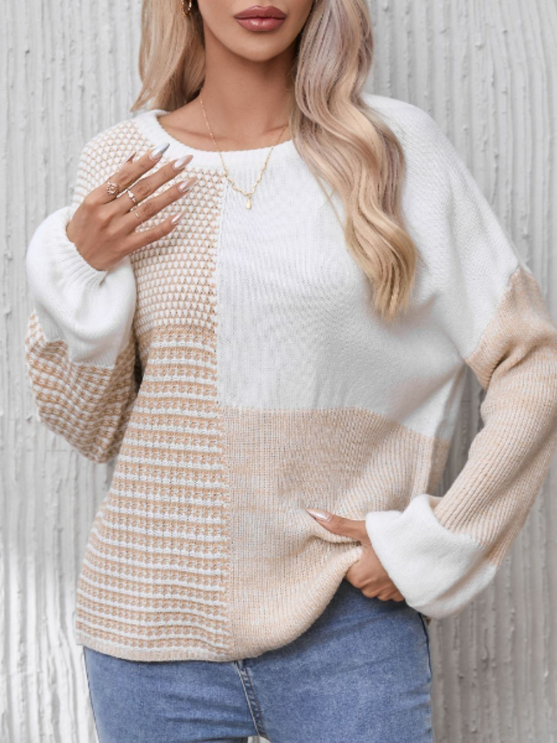 Contrast Round Neck Long Sleeve Sweater - Sydney So Sweet