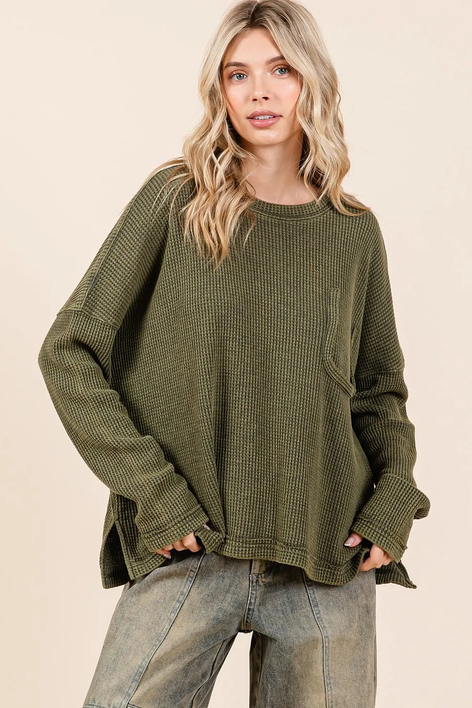 Mittoshop Mineral Wash Cutout Pocket Long Sleeve Waffle Top - Sydney So Sweet