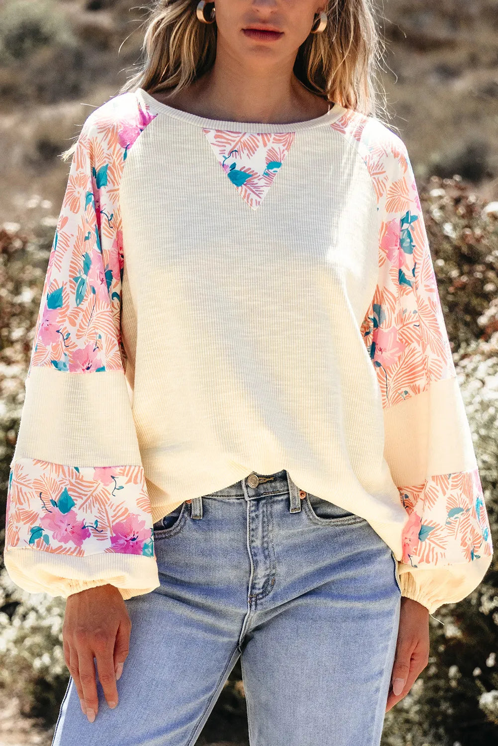 Printed Round Neck Balloon Sleeve Blouse - Sydney So Sweet