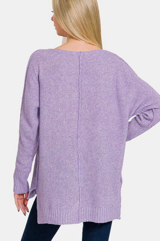 Zenana High-Low Center Seam V-Neck Sweater - Sydney So Sweet