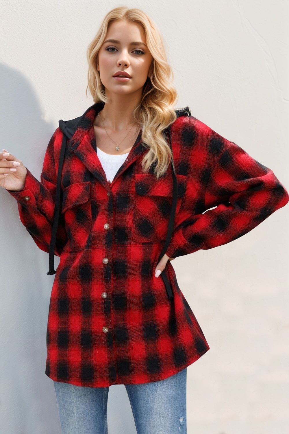 Drawstring Plaid Long Sleeve Hooded Shacket - Sydney So Sweet