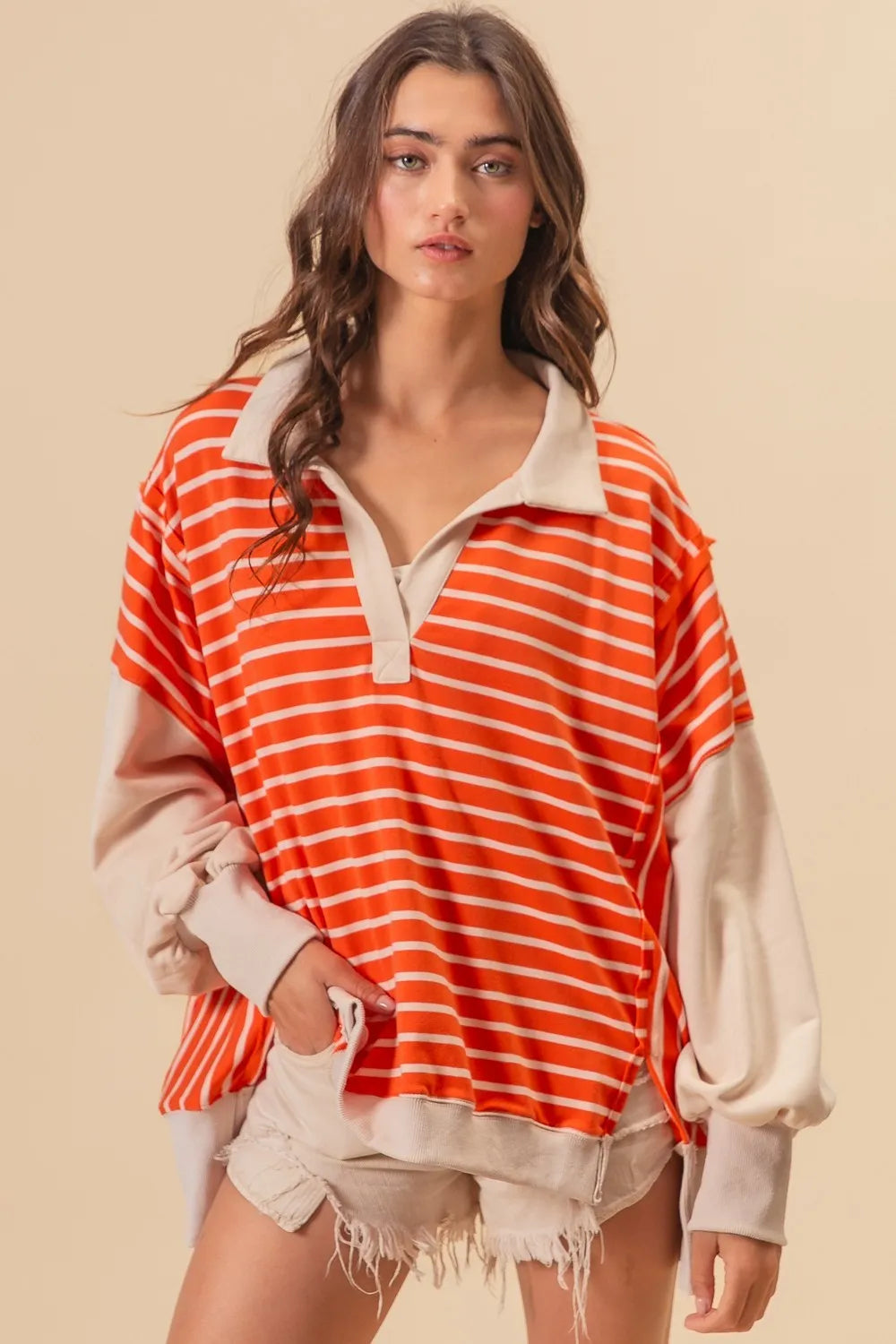 BiBi Stripe Knit Loose Fit Top With Cut Edge Detail - Sydney So Sweet