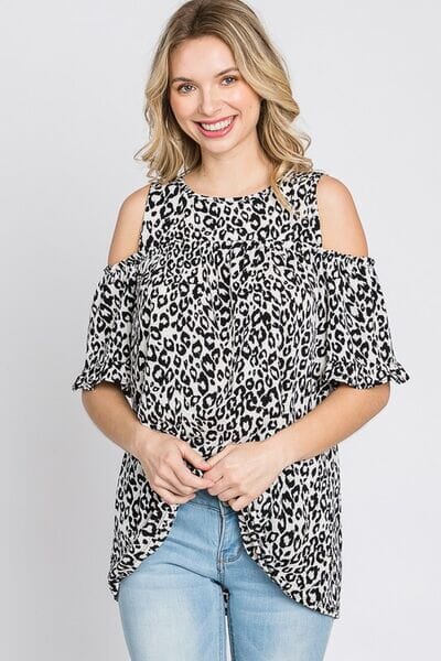 Heimish Full Size Leopard Round Neck Cold Shoulder T-Shirt Plus Size - Sydney So Sweet