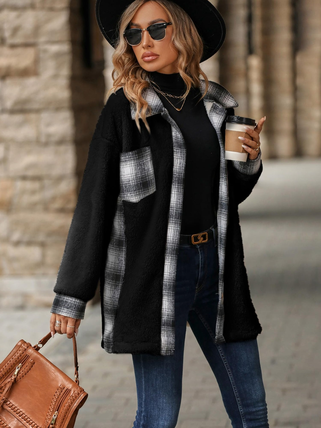 Plaid Button Up Long Sleeve Fuzzy Shacket - Sydney So Sweet