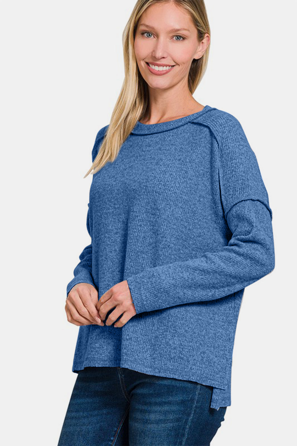 Zenana Full Size Exposed Seam Brushed Round Neck Sweater - Sydney So Sweet