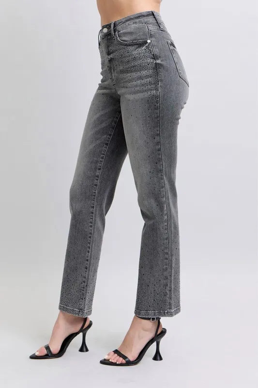 Judy Blue Full Size High Waist Rhinestone Straight Jeans Plus Size - Sydney So Sweet