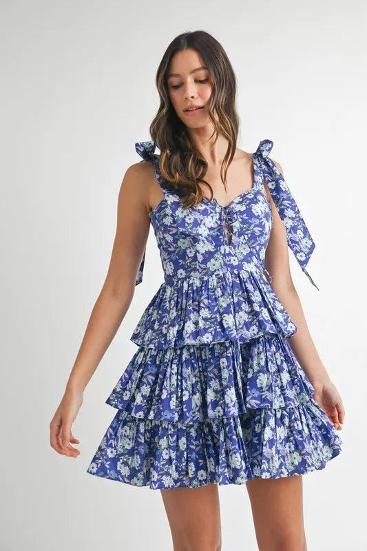 MABLE Floral Print Shoulder Tie Layered Mini Dress - Sydney So Sweet