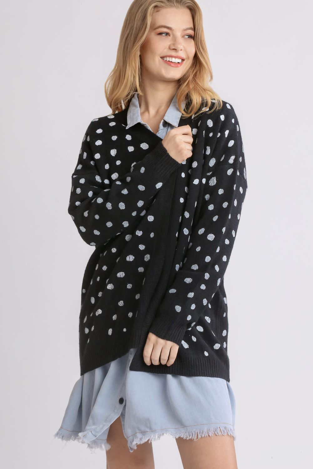 Umgee Polka Dot Open Front Drop Shoulder Cardigan - Sydney So Sweet