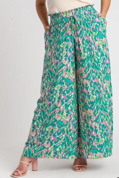 Umgee Full Size Mixed Print High Waist Wide Leg Pants Plus Size - Sydney So Sweet