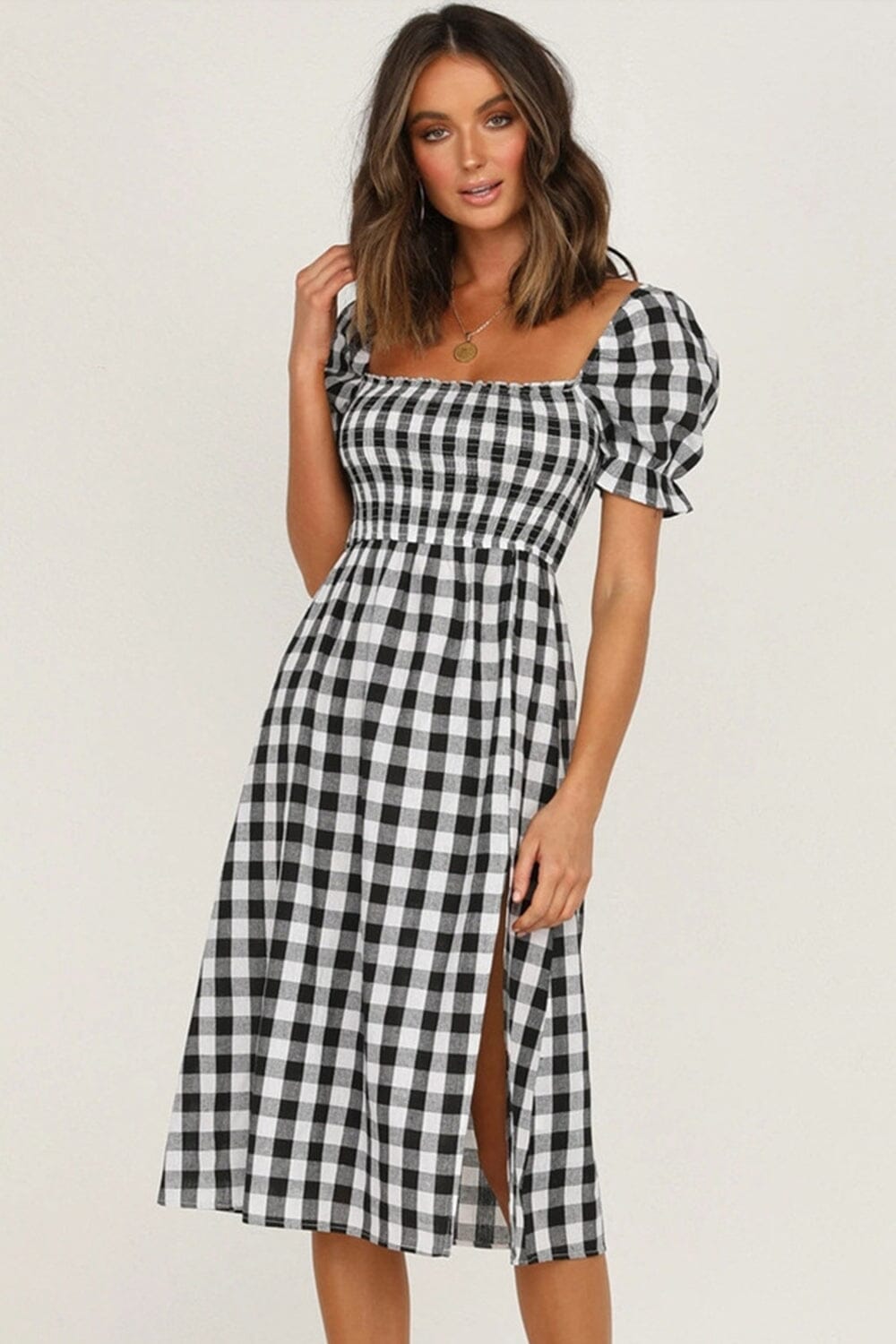 Full Size Slit Plaid Short Sleeve Midi Dress - Sydney So Sweet