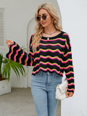 Round Neck Openwork Flare Sleeve Knit Top - Sydney So Sweet