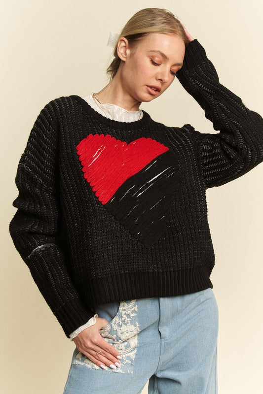 Davi & Dani Contrast Heart Dropped Shoulder Sweater - Sydney So Sweet