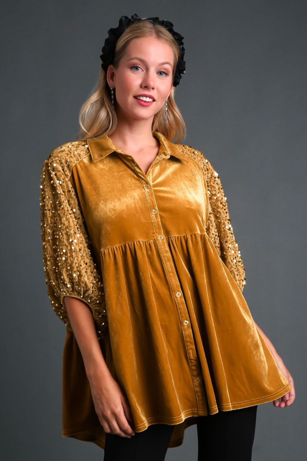 Umgee Sequin Detail Tiered Back Half Sleeve Shirt - Sydney So Sweet