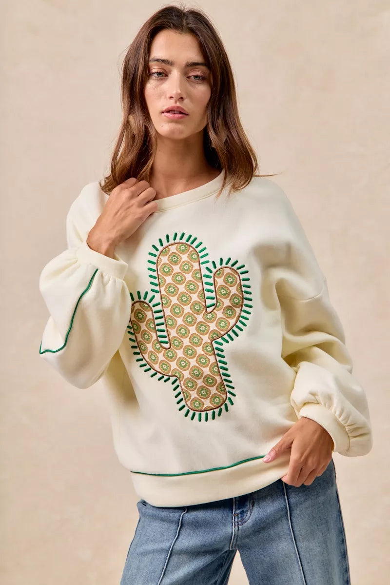 BiBi Cactus Embroidered Fleece Sweatshirt - Sydney So Sweet