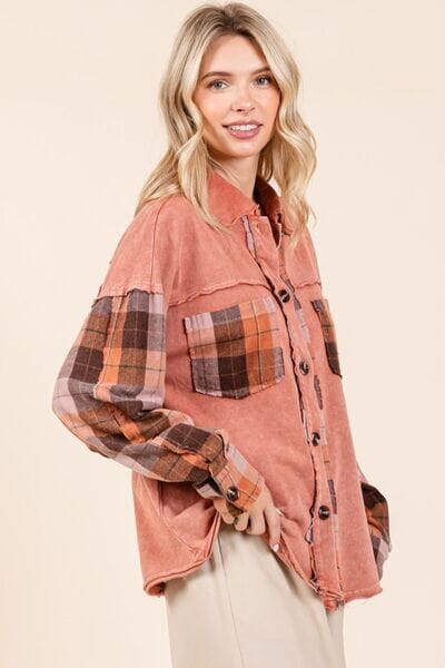 Mittoshop Button Down Contrast Plaid Patchwork Shacket - Sydney So Sweet