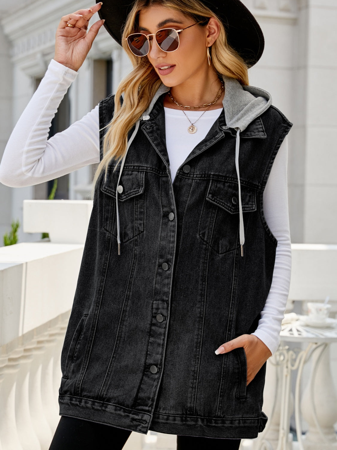 Drawstring Pocketed Button Up Sleeveless Denim Jacket - Sydney So Sweet