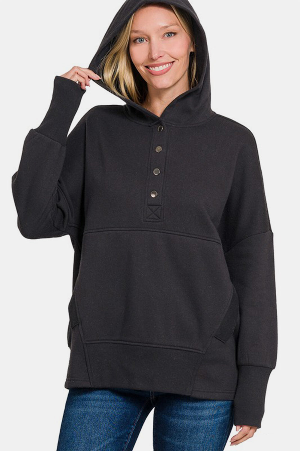 Zenana Half Snap Long Sleeve Hoodie with Kangaroo Pocket - Sydney So Sweet