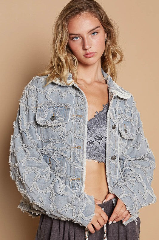 POL Star Textured Raw Hem Long Sleeve Denim Jacket - Sydney So Sweet